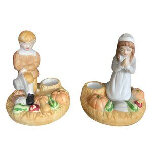 Vtg 1988 House of Lloyd Thanksgiving Prayer Pilgrims Set Taper Candle Holders 4"